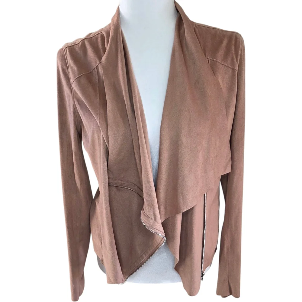 BlankNYC Faux Suede Moto Jacket Draped Asymmetrical Zip Tan Medium